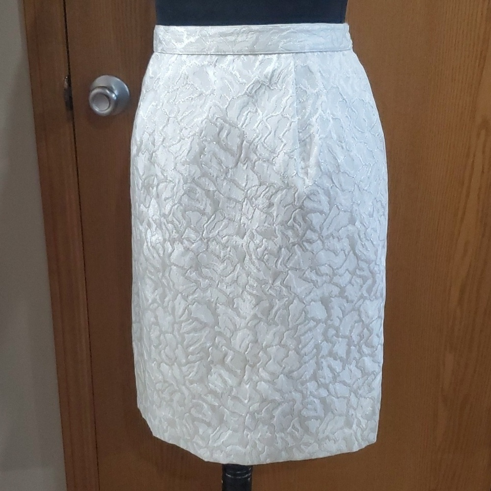 Vintage Marie St. Claire white silver brocade pencil skirt